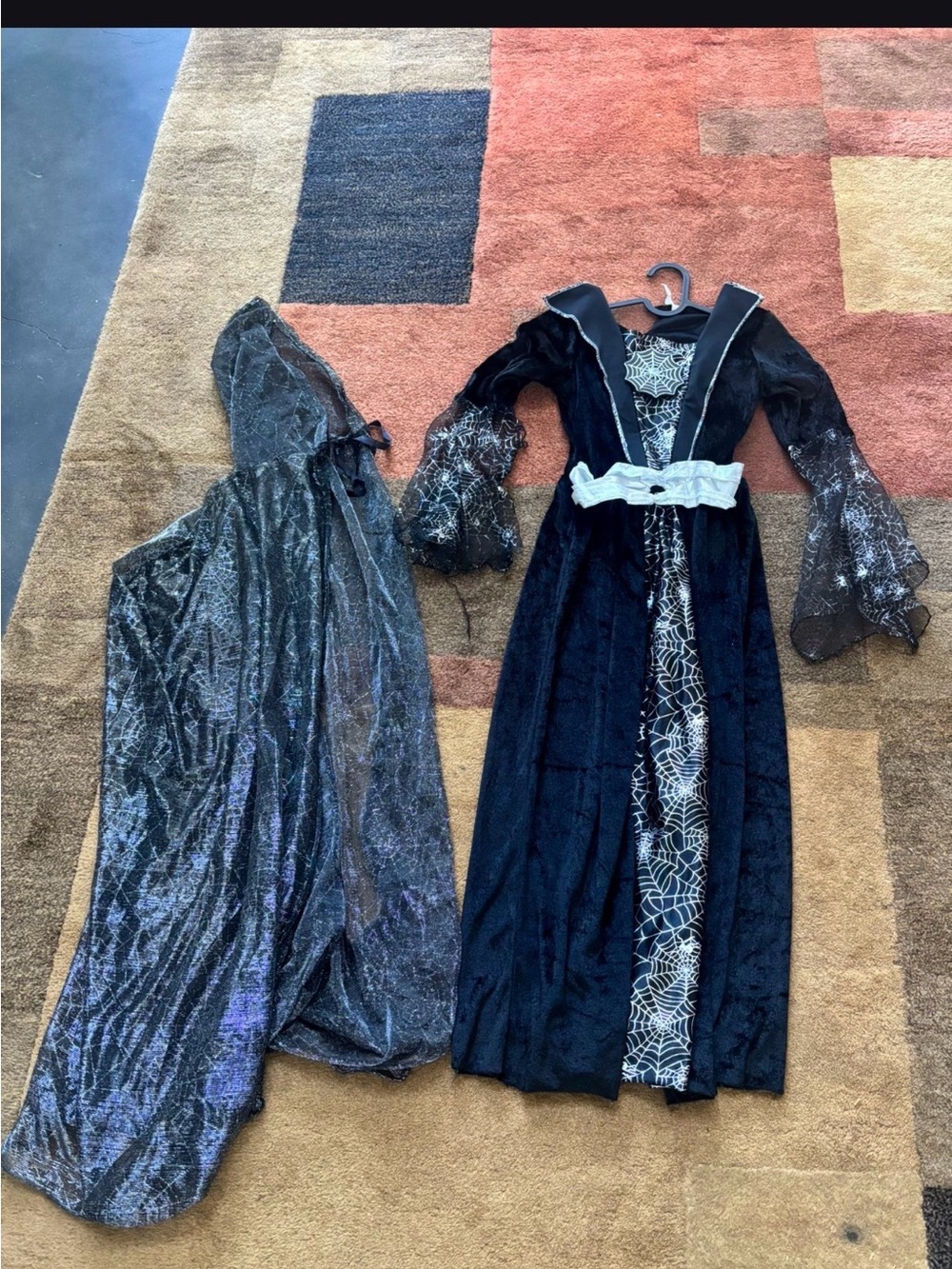 Girls Black & Silver Spiderweb Witch Dress with Shimmery Hooded Cape